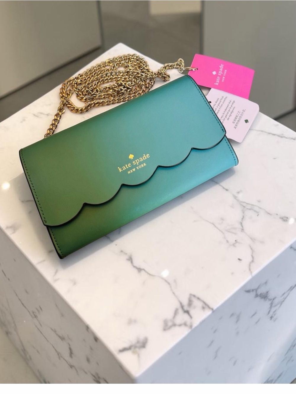 Kate Spade Gemma Stone Blue Scallop-Edge Chain Crossbody Wallet NWT